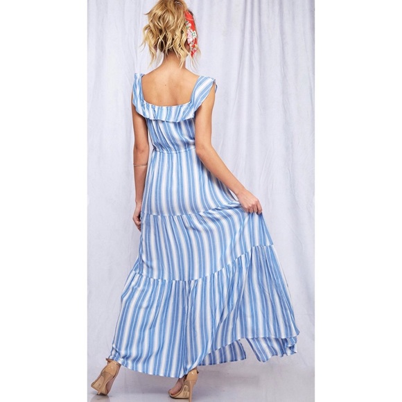 1 L LEFT Blue White Striped Button Down Ruffled Maxi Dress - Picture 4 of 11